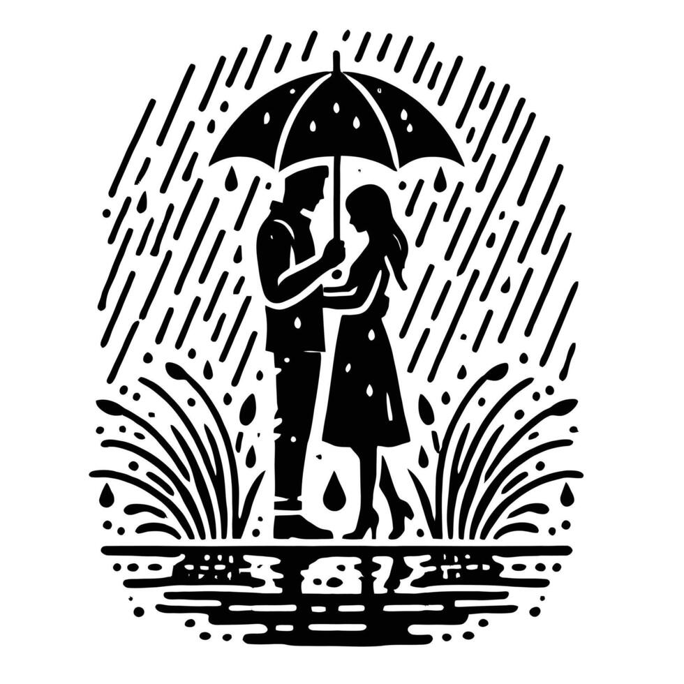 A black and white drawing of a couple under an umbrella vector