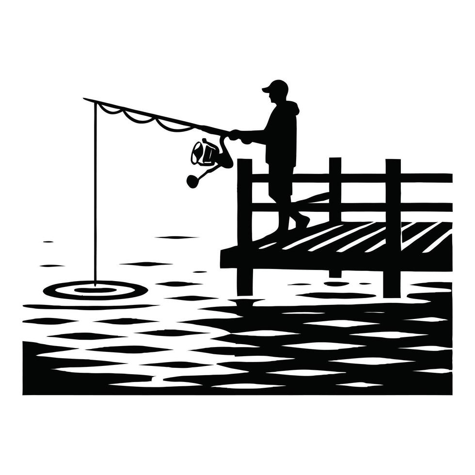 Fisherman on pier with fishing rod vector