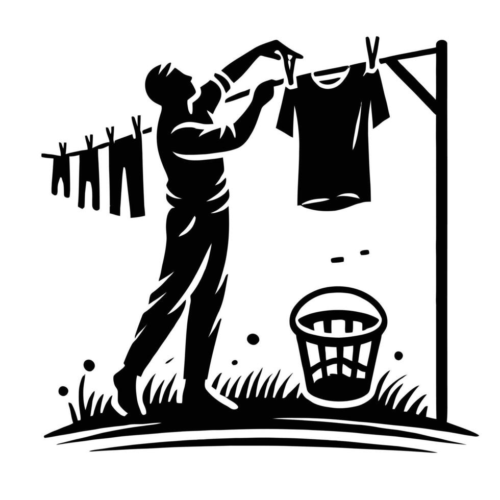 A man hanging clothes on a clothesline vector
