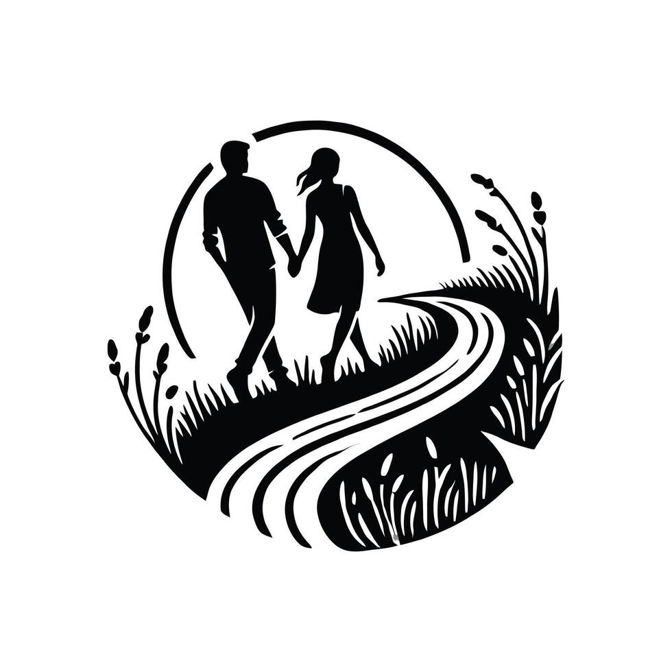 A couple walking along a path in the grass vector