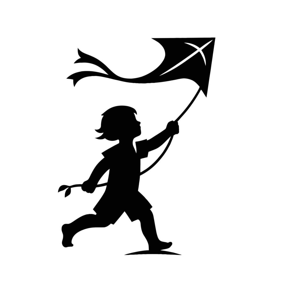 A silhouette of a boy flying a kite vector