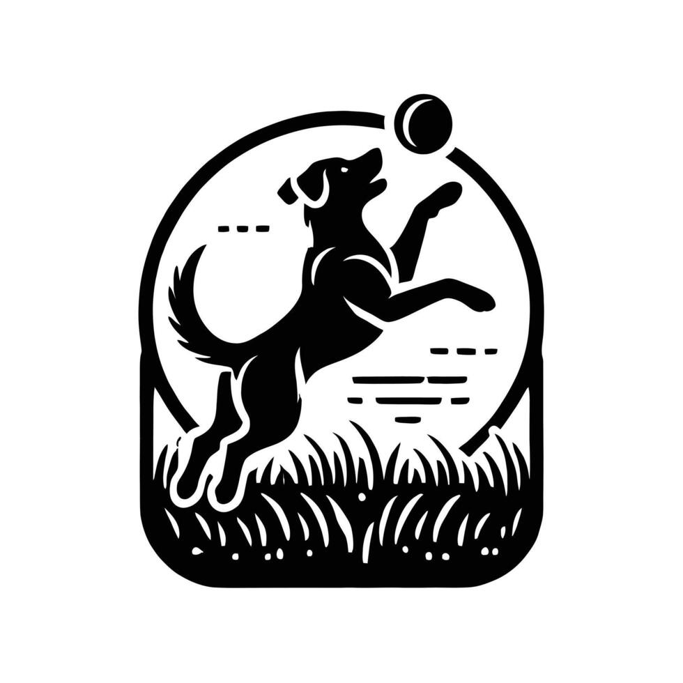A black and white logo of a dog catching a ball vector