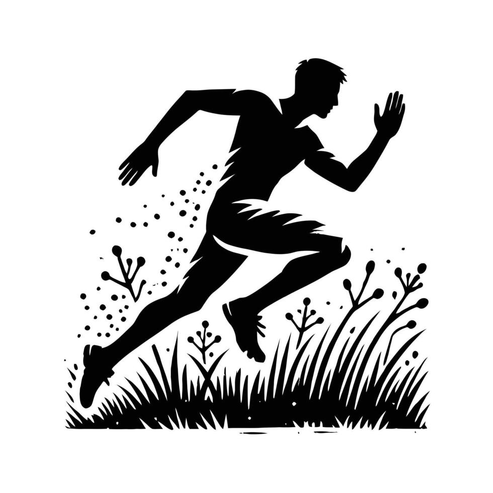 Silhouette of a man running in the grass vector