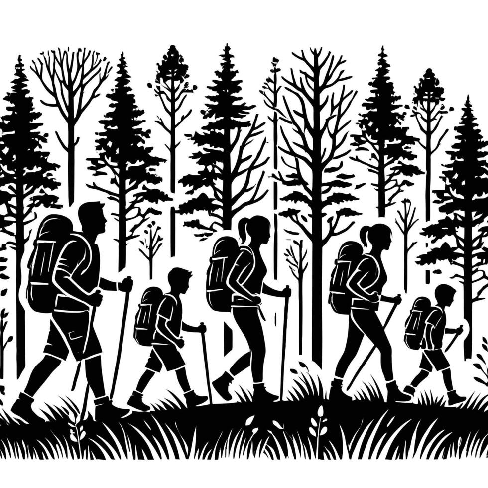 Family hiking in the forest illustration vector