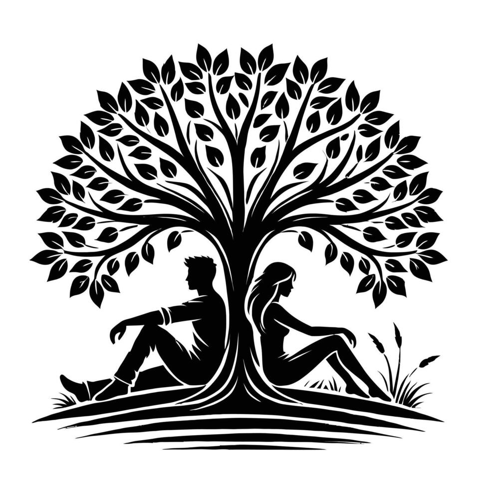 A man and woman sitting under a tree with a tree trunk vector