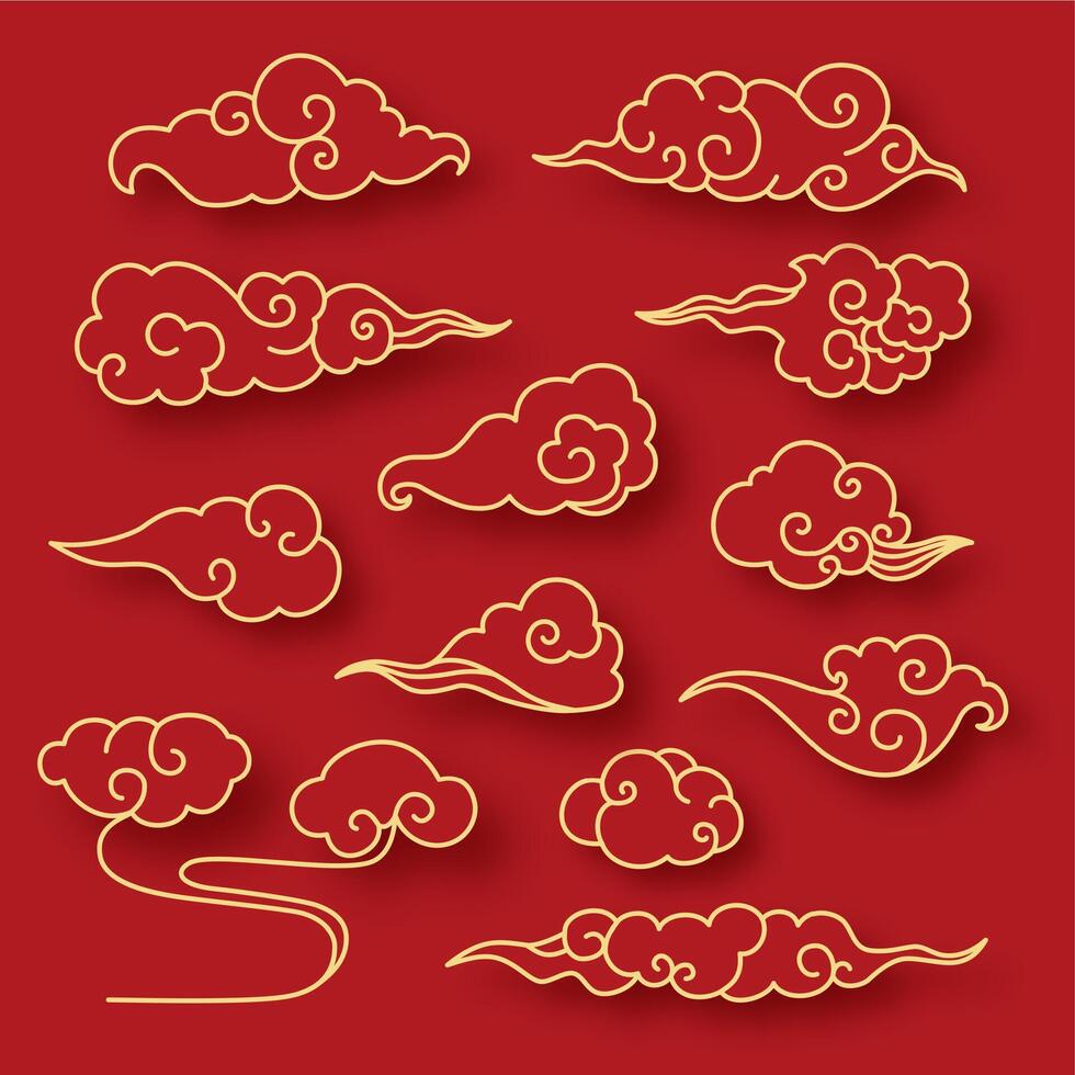 Chinese or japanese style gold cloud patterns on a red background. Decorative asian elements vector