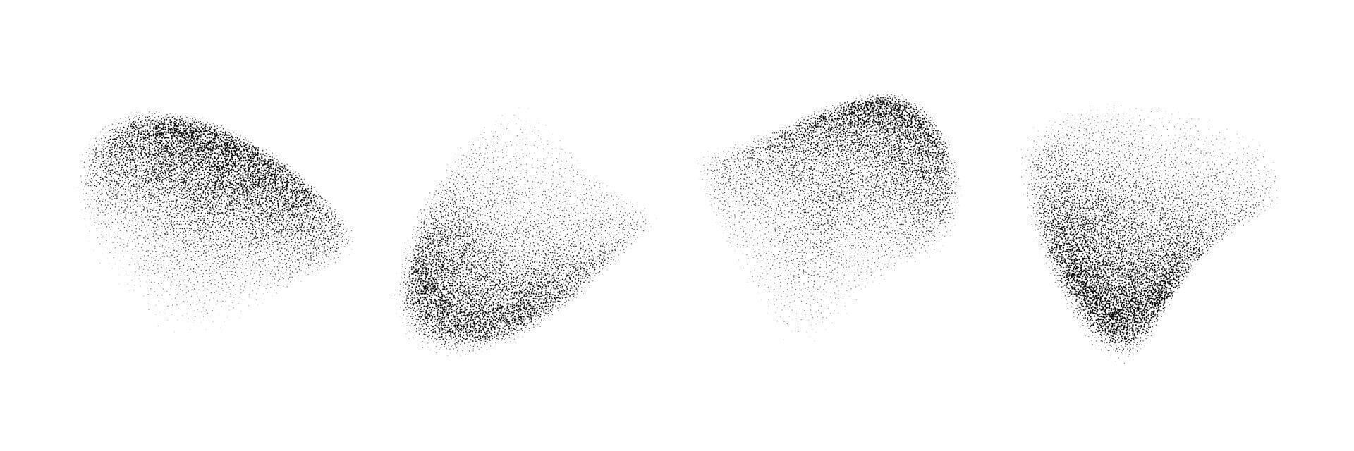 Abstract fading dotted gradient shapes. Black liquid stippled object set. Grainy spray spots and stains. Noise splashes and splatters forms. Dissolve sand dust texture. Halftone fluid elements vector