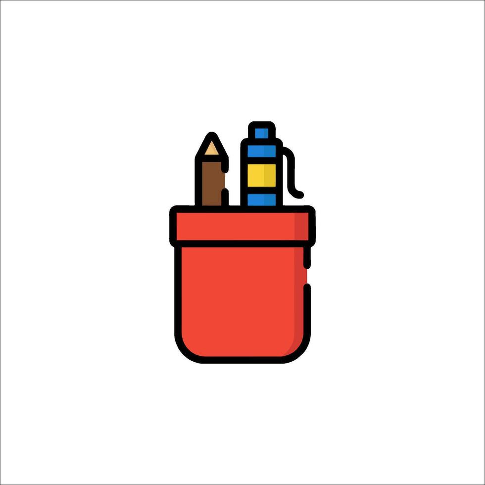 A red container with a pencil and a bottle of ink vector