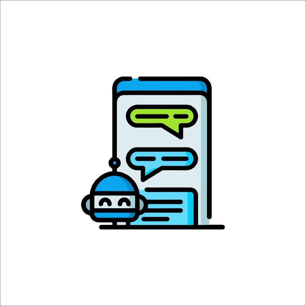 A robot is sitting next to a phone with a chat bubble vector
