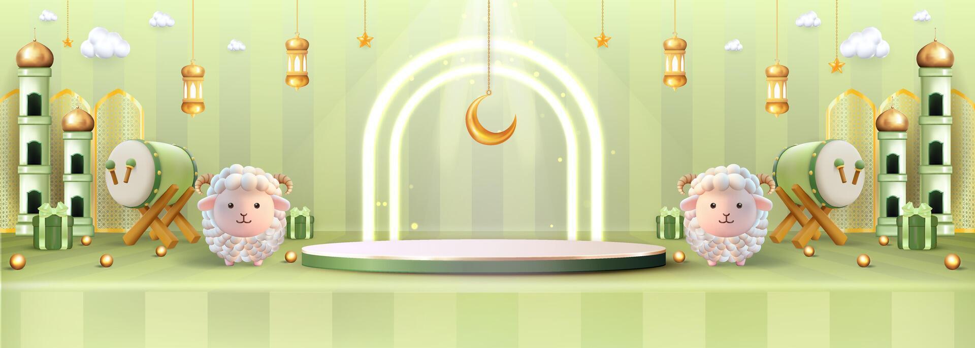 Eid Al Adha Sale illustration concept with podium, Lantern, mosque, cute sheep and gift box. vector