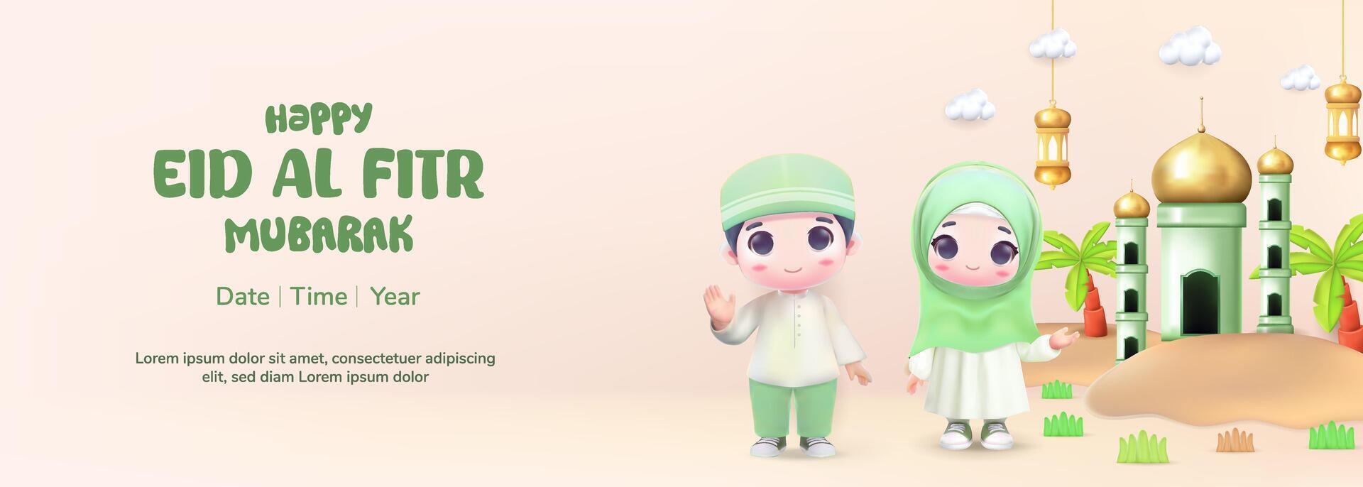 Eid Al Fitr illustration concept with 3d cute character Muslim, Mosque and Lantern. suitable for greeting card and banner. vector