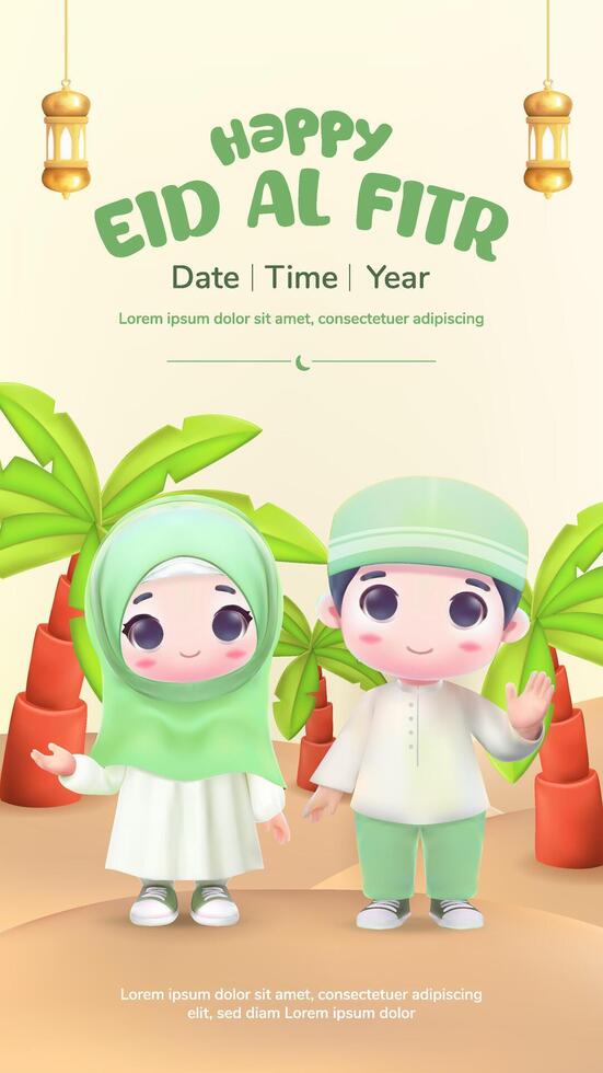 Vertical Eid Al Fitr illustration concept with 3d cute character vector