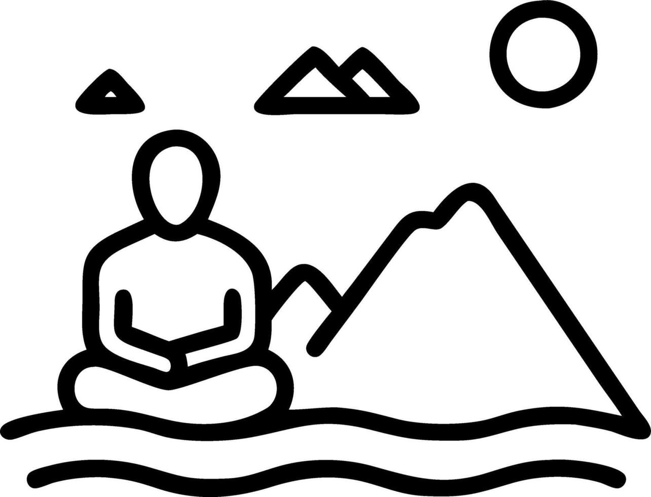Person sitting beside calm lake surrounded by mountains with copy space vector