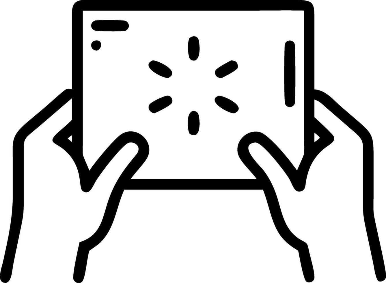 Hands holding a tablet emitting light particles over a soft bokeh background vector