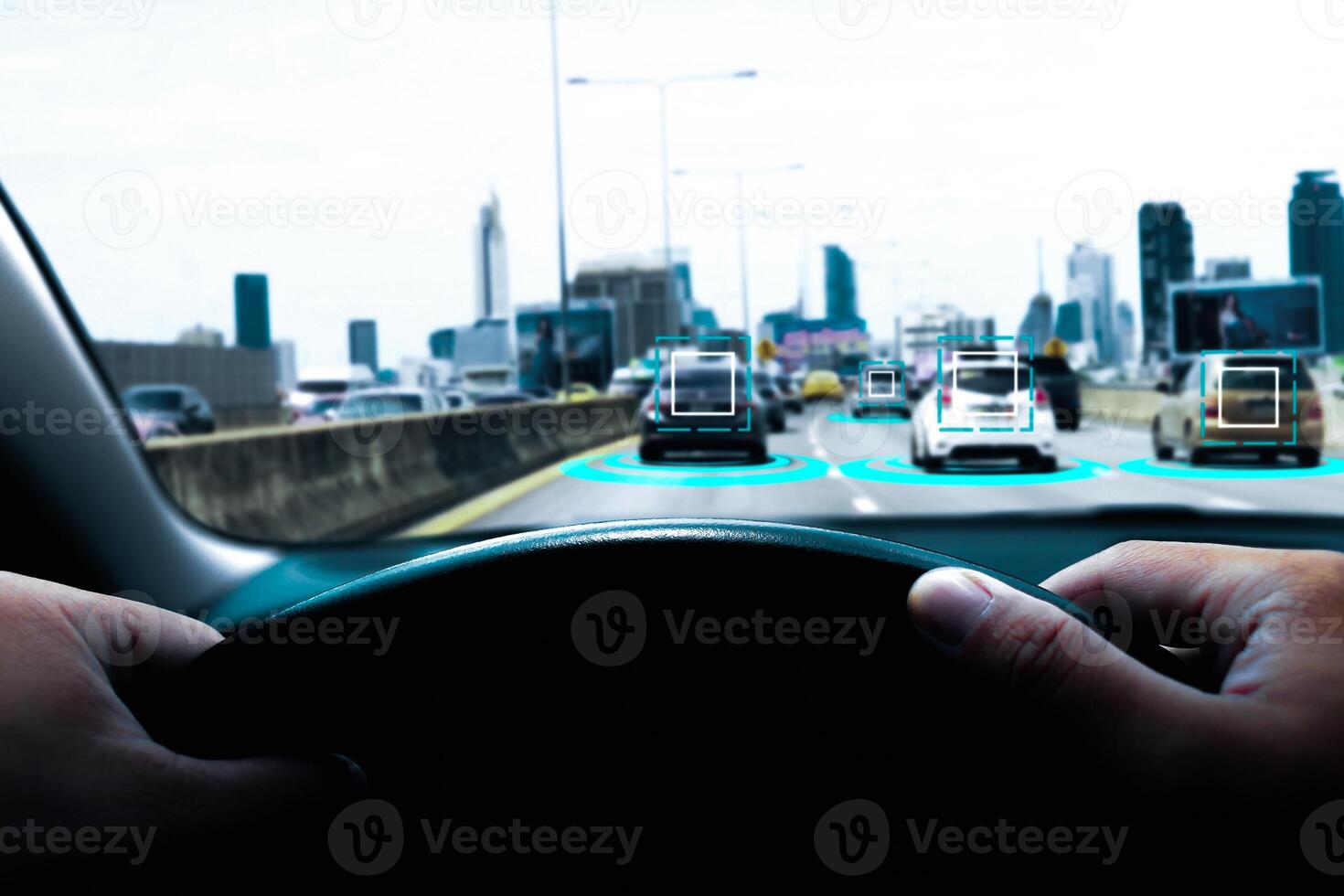 Driver view with advanced car safety features , Car detection sensors to warn of collisions , Automotive technology concept photo