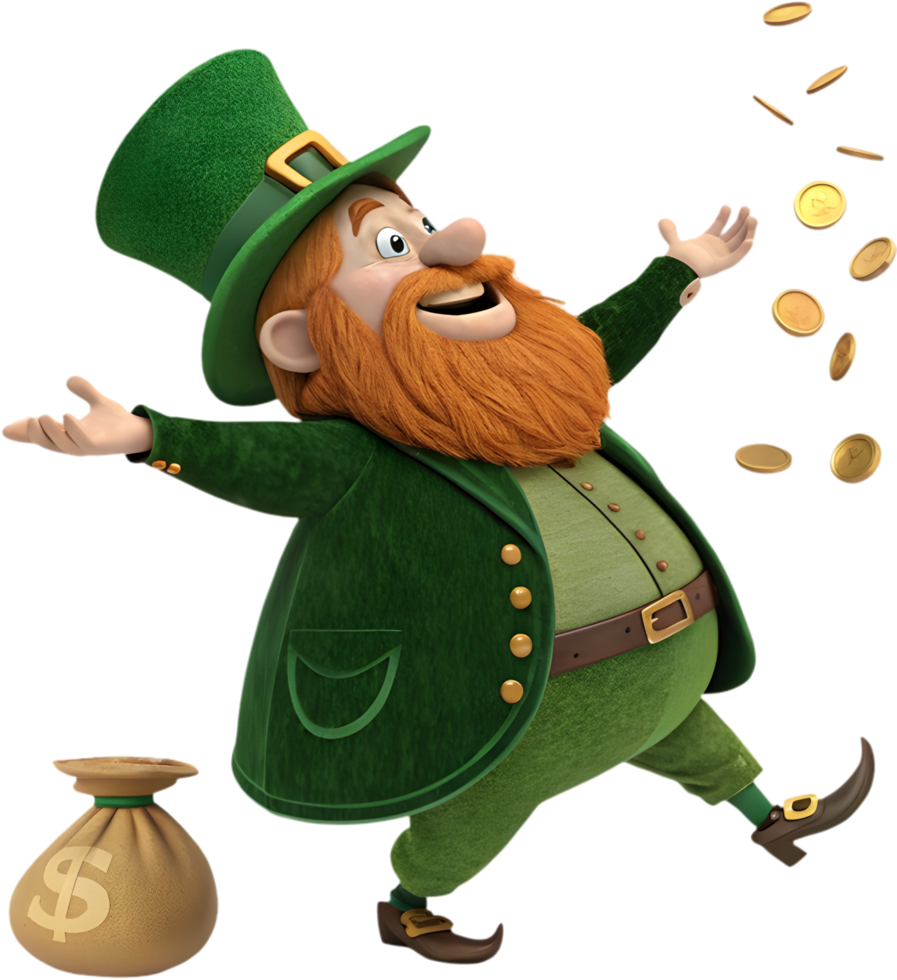 Cheerful leprechaun holding lucky treasures in festive celebration. . png