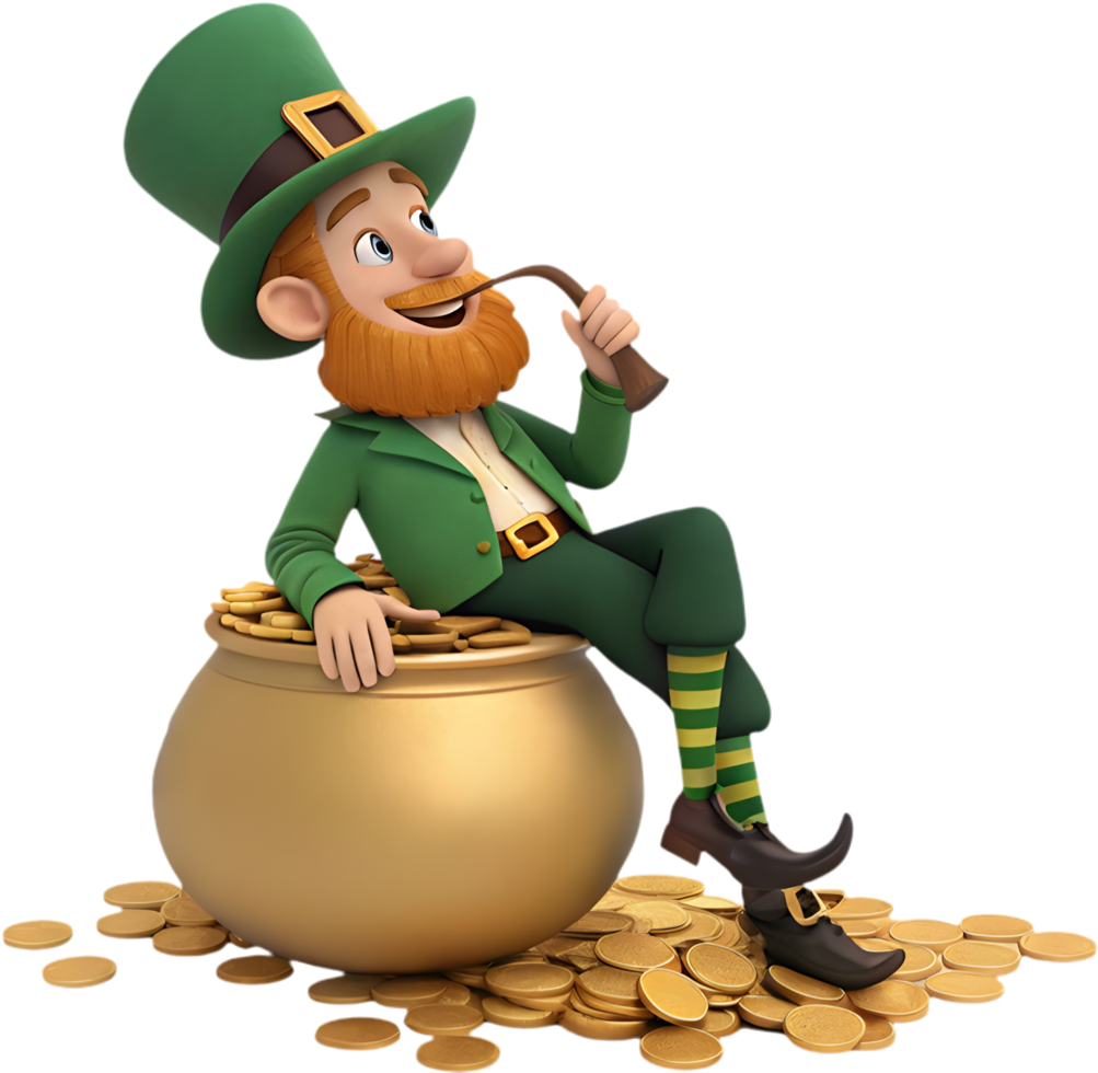 Magical Irish leprechaun holding pot of gold treasures. . png