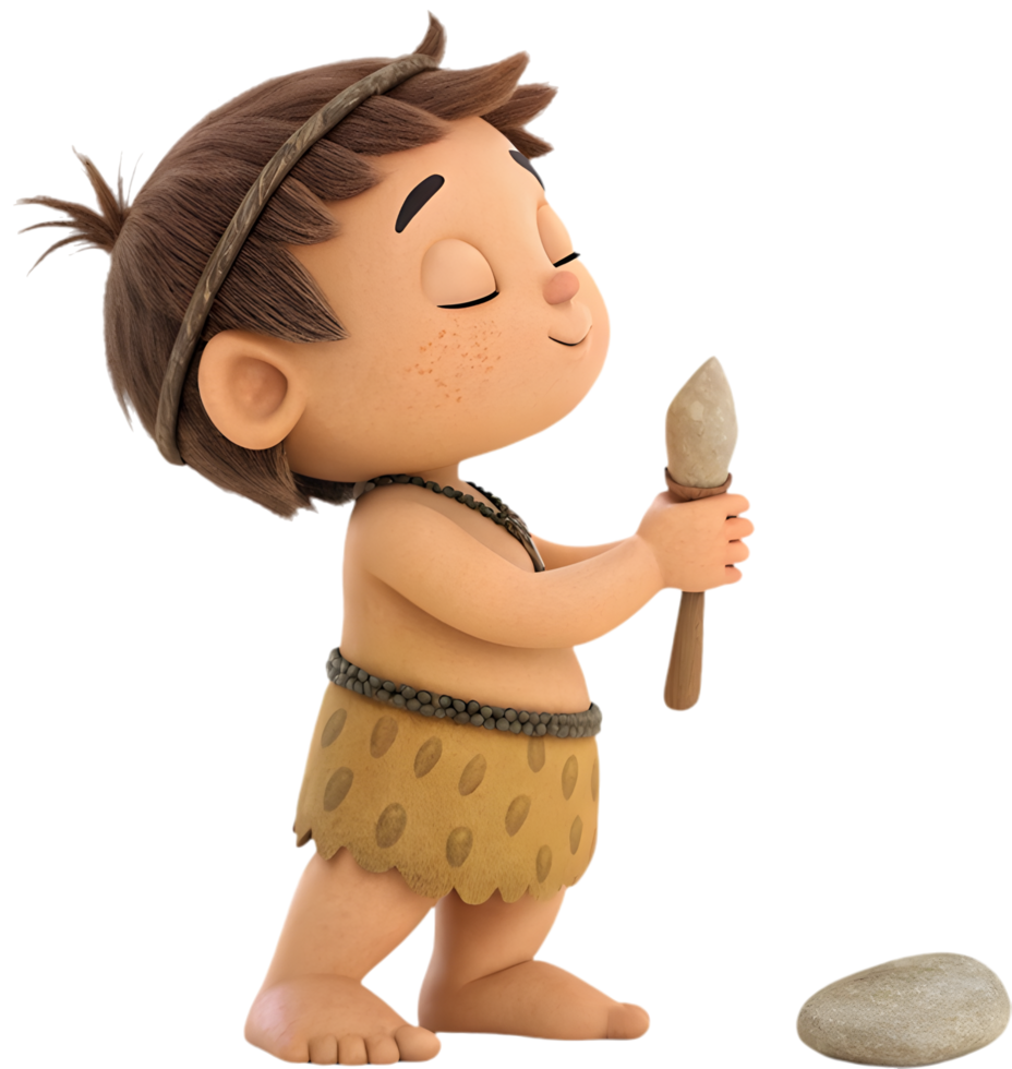 Cheerful young Stone Age boy in playful and ancient pose. . png