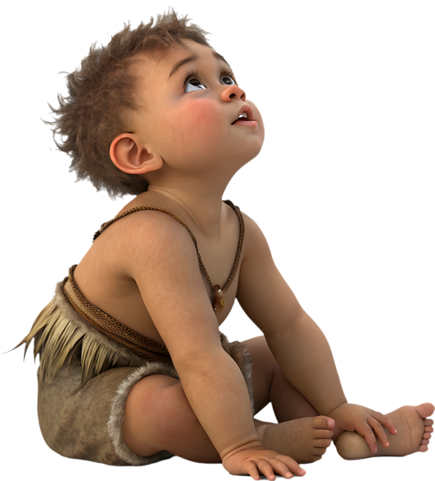 Ancient Stone Age boy exploring playful prehistoric lifestyle art. . png