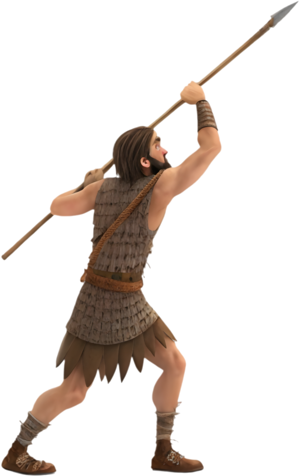 Rugged prehistoric man demonstrating resilience and toughness in style. . png