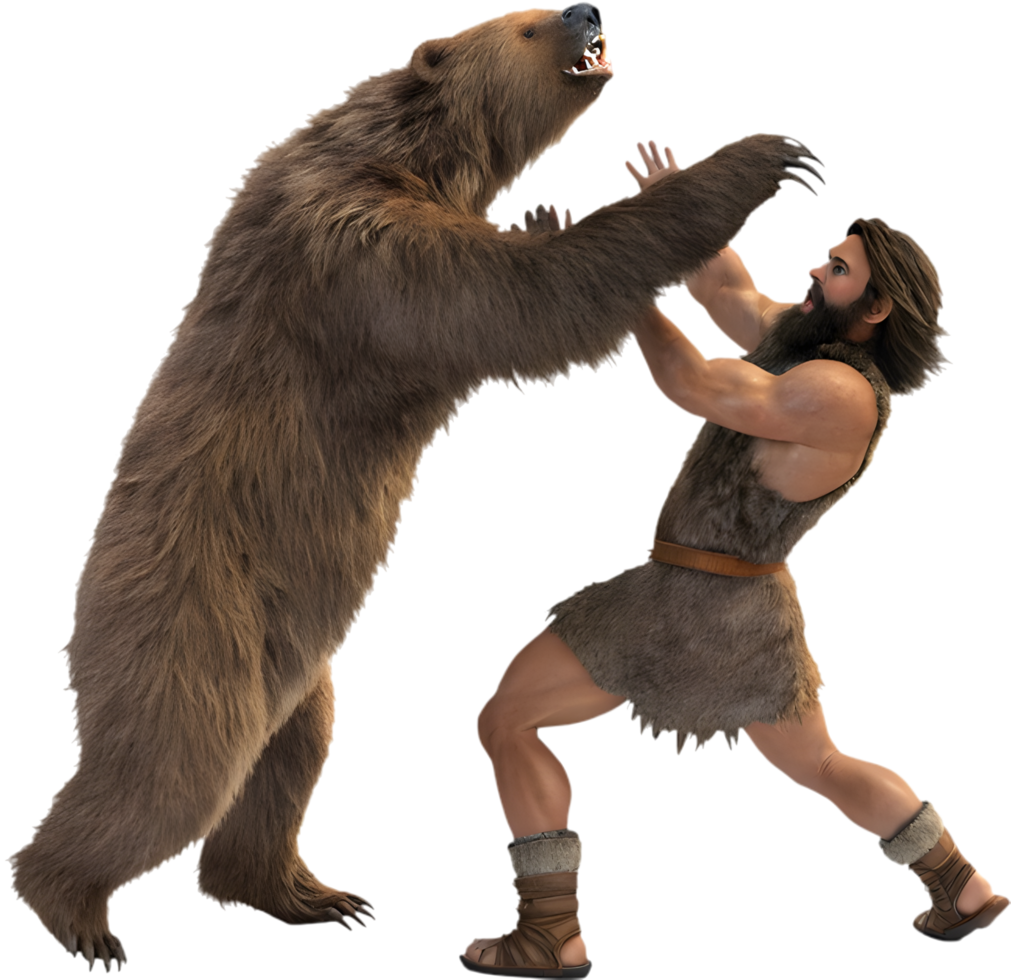 Ancient caveman showcasing rugged, powerful strength and resilience beautifully. . png