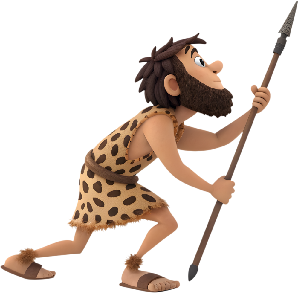 Rugged Stone Age man in a powerful prehistoric hunter pose. . png