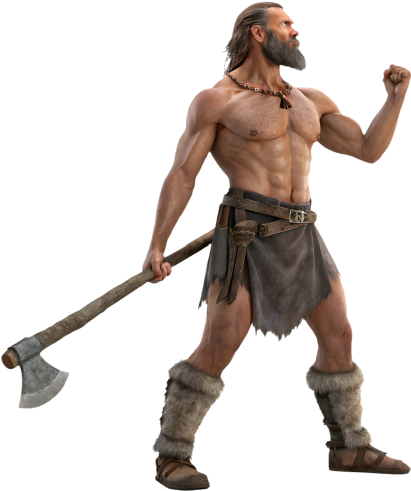 Prehistoric man embodying rugged charm and powerful ancient resilience. . png