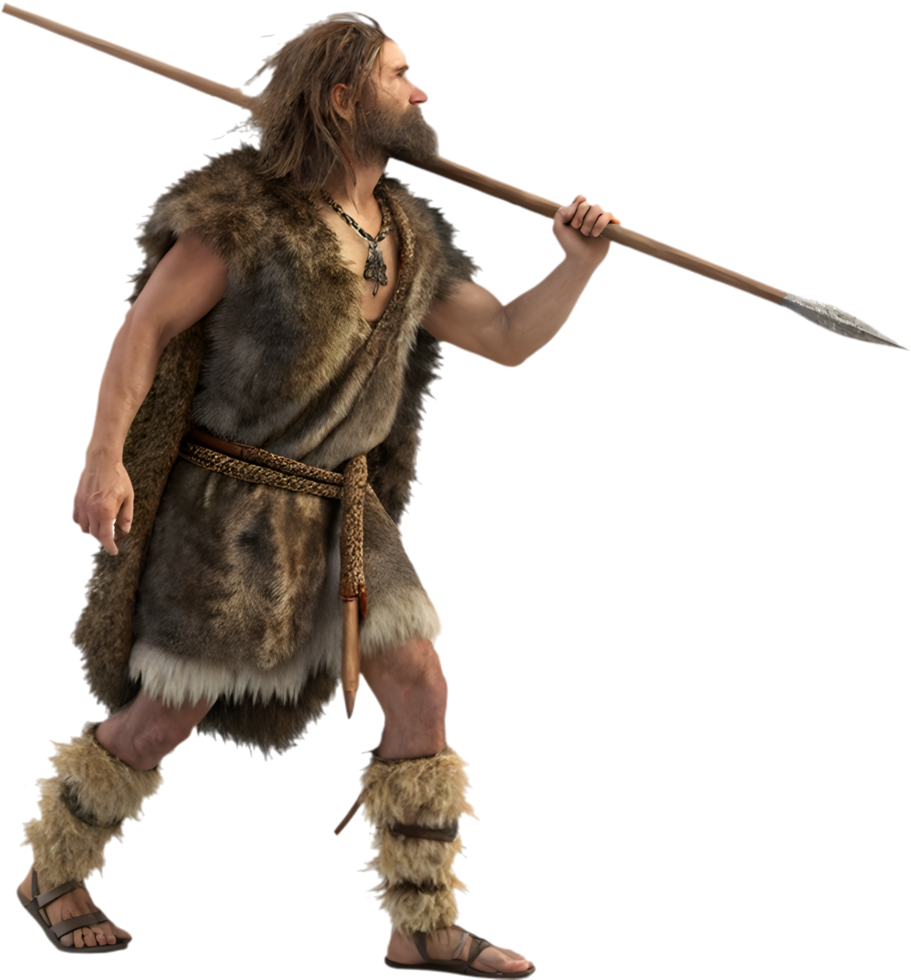 Stone Age man with resilient and powerful prehistoric appearance. . png
