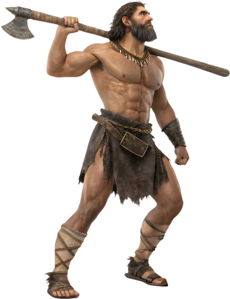 Rugged ancient hunter with strength and resilience in style. . png