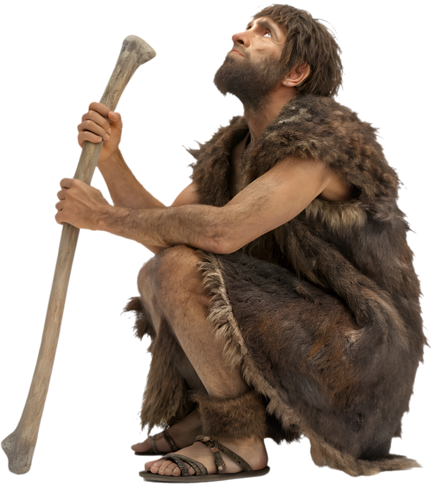 Powerful prehistoric man with rugged, ancient hunter style. . png