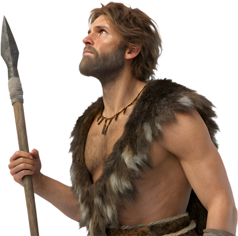 Rugged Stone Age man showcasing prehistoric strength and resilience. . png