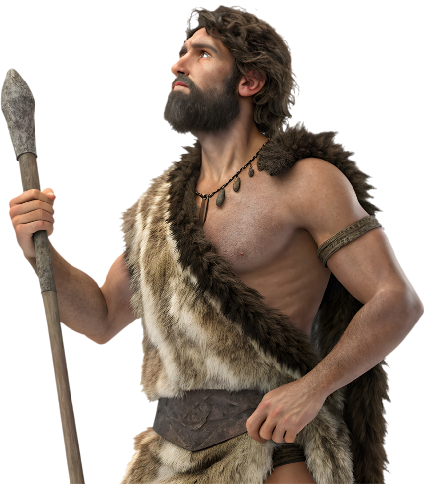 Ancient warrior showcasing prehistoric toughness and rugged masculinity. . png
