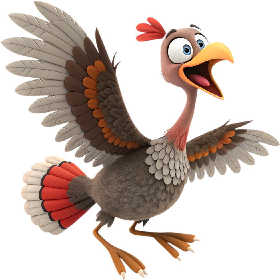 Cute cartoon turkey with vibrant feathers and happiness. . png