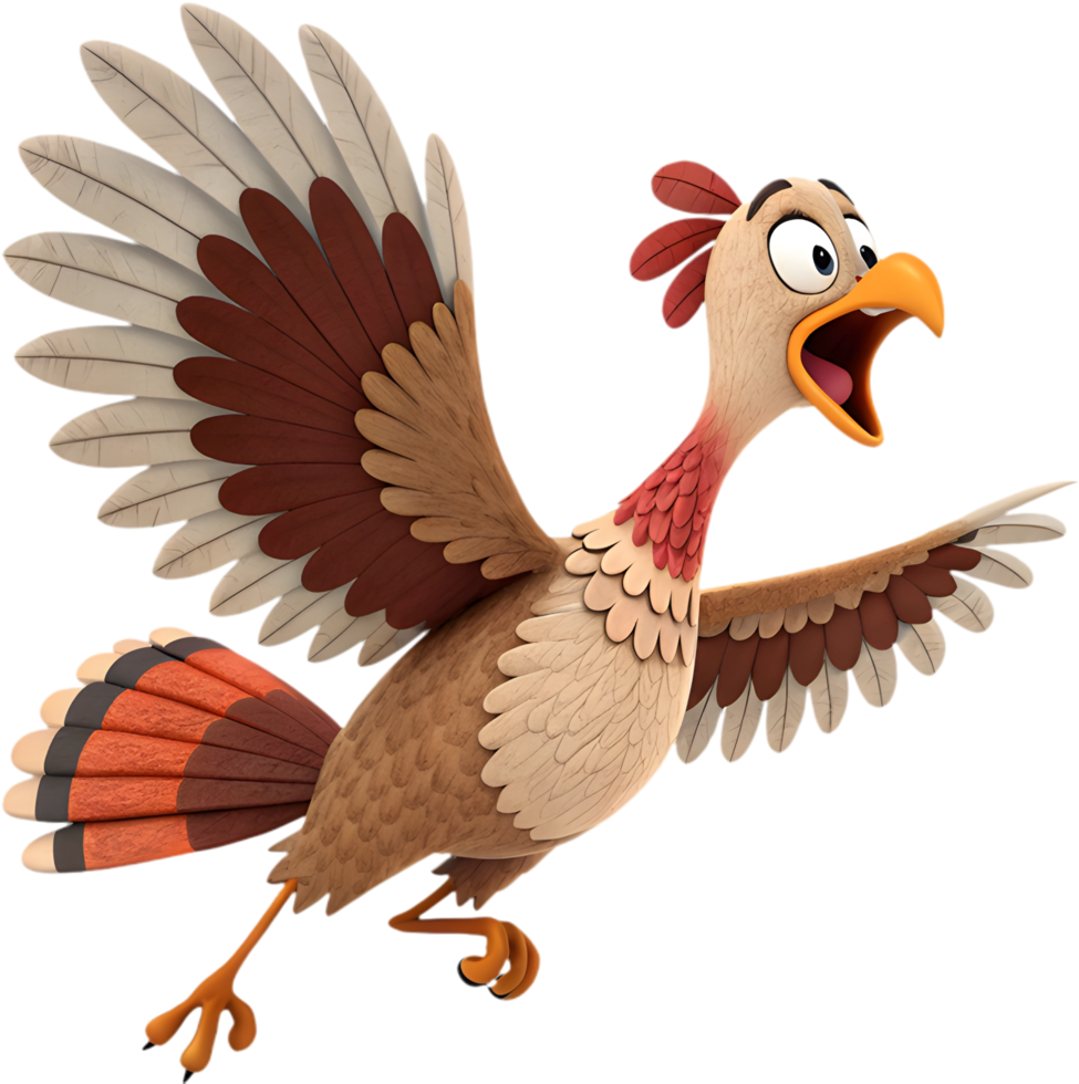 Colorful turkey cartoon with playful and delightful pose. . png