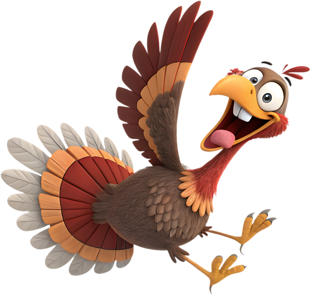 Cartoon turkey showcasing delightful and joyful feather design. . png