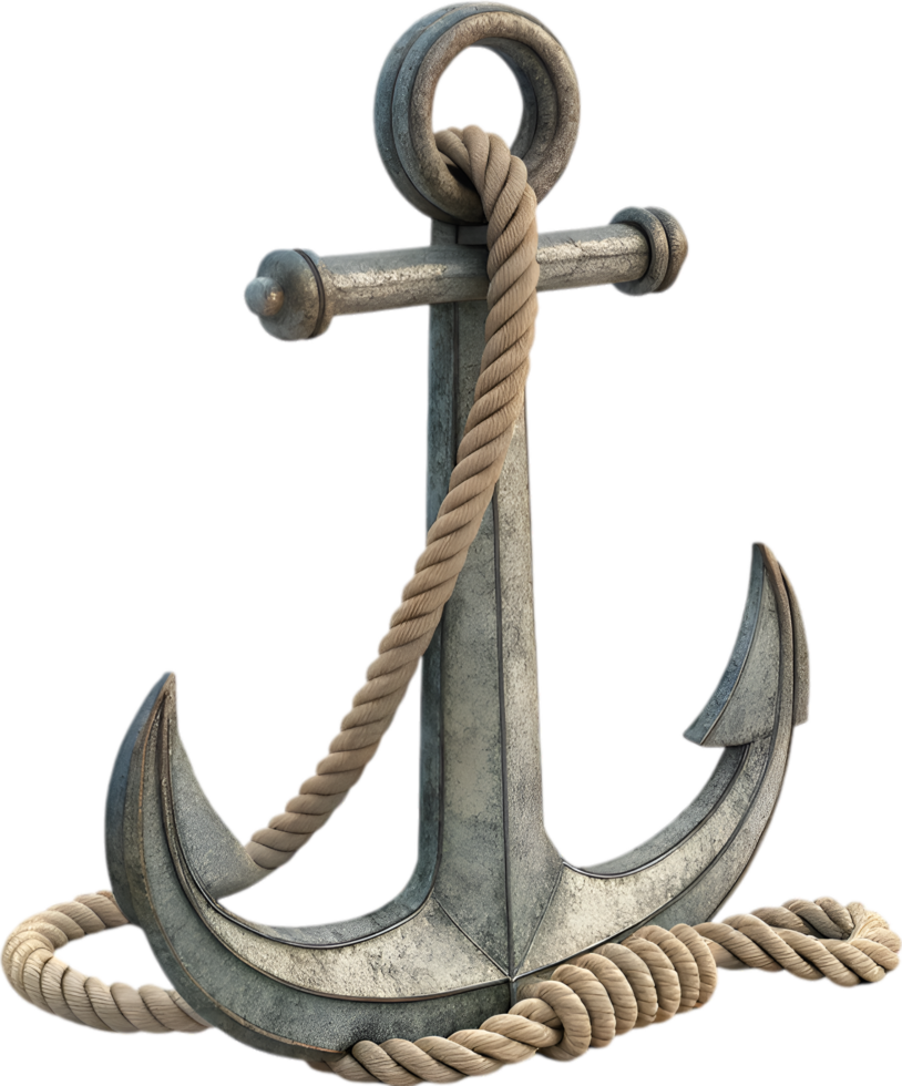 Nautical anchor with twisted rope reflecting classic strength and seafaring heritage. . png