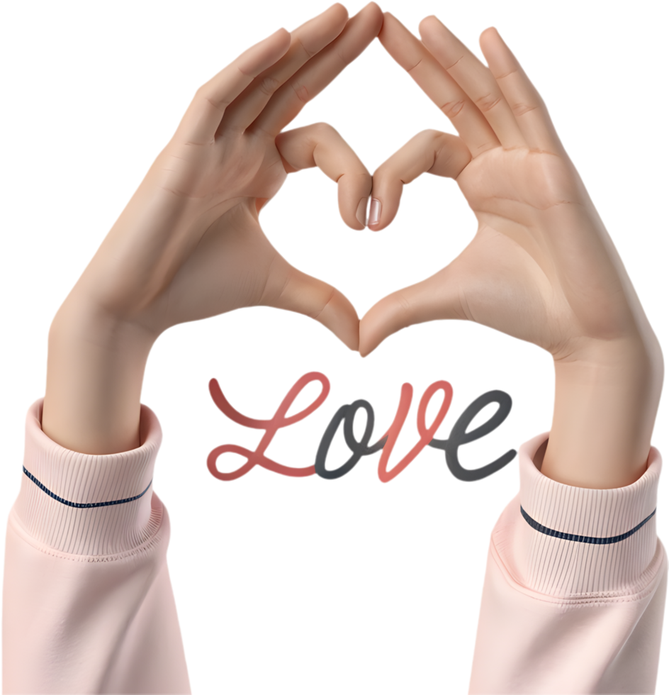 Warm love symbol with hands forming heart and stylish love text. . Romantic hand png