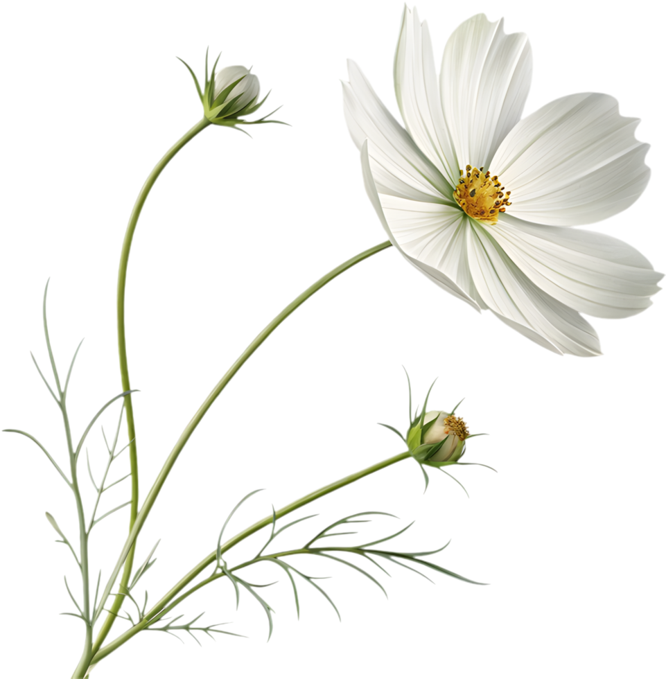 Elegant Cosmos Flower Clipart with Stem and Leaves Waving. . png