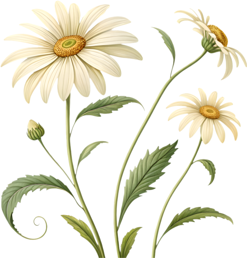 Wind-Swept Daisy Flower Clipart with Swaying Petals and Stem. . png