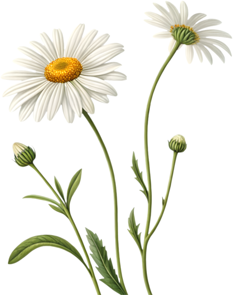 Daisy Flower Clipart with Graceful Leaves and Botanical Style. . png