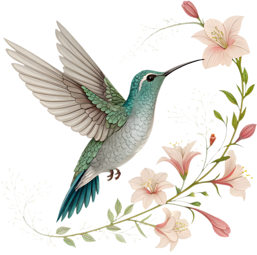 Beautiful Tropical Hummingbird With Blooming Flower And Serene Leaves. . png