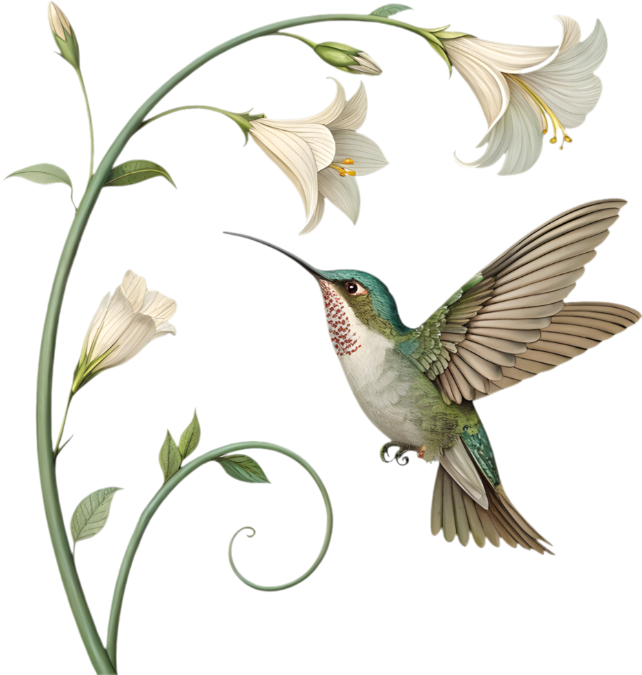 Hummingbird Gracefully Flying Around Blooming Flower In Tropical Scene. . png