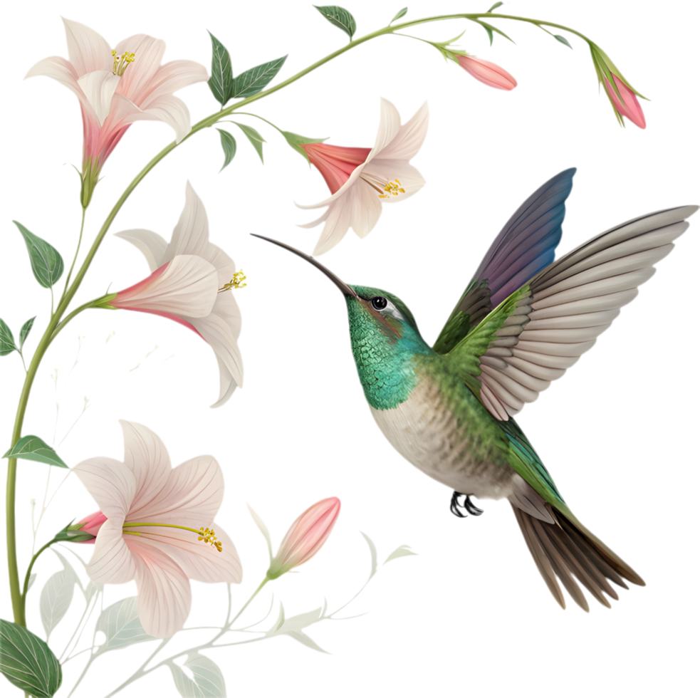 Nature Art Featuring Hummingbird With Blooming Flower And Motion. . png