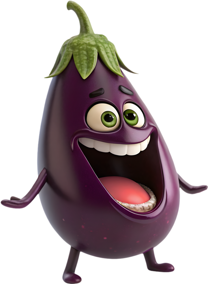 Playful, expressive eggplant cartoon with exaggerated emotions. . png