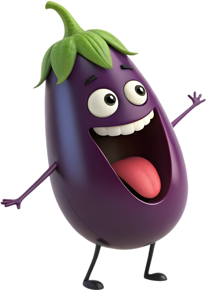 Cheerful eggplant cartoon with exaggerated, fun expressions. . png