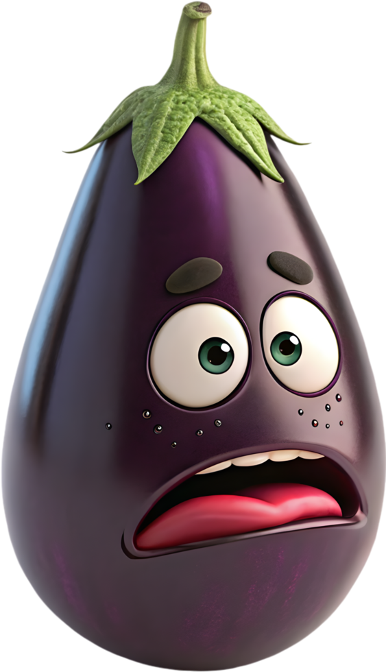 Cartoon eggplant with joyful, over-the-top animated expressions. . png