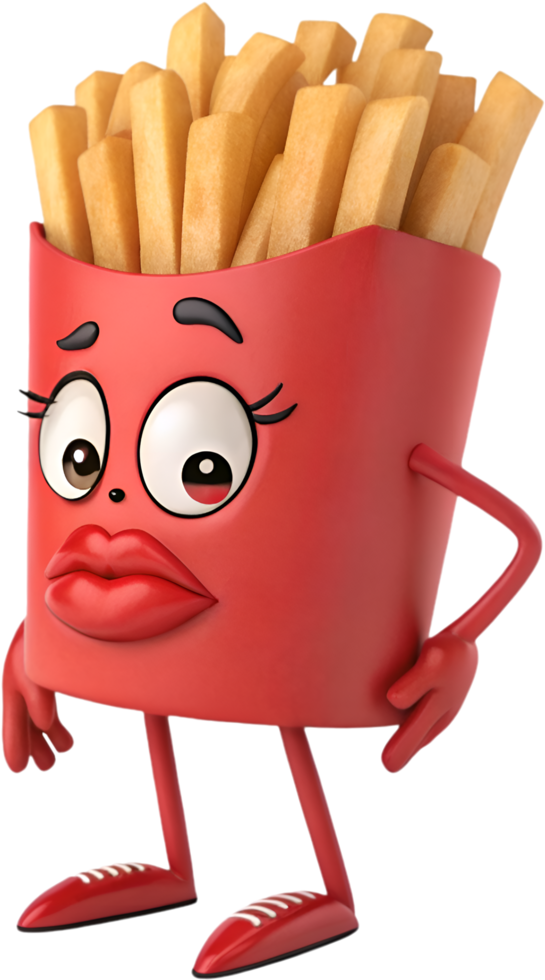 Fun and cute animated French fries character with expression. . png