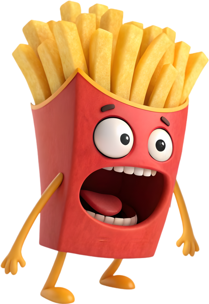 Animated playful French fries character with exaggerated humor. . png