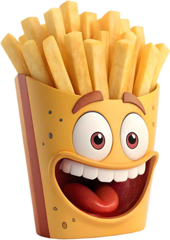 Cheerful French fries character with exaggerated facial emotions. . png