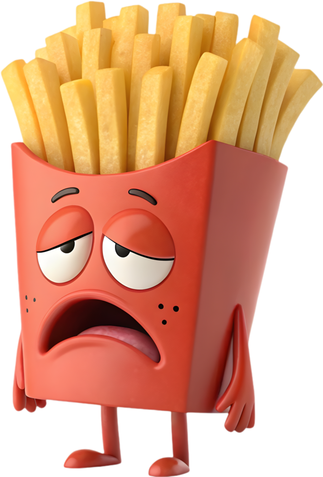 Exaggerated cartoon French fries with fun, happy emotions. . png